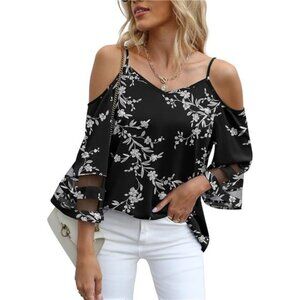 Black Floral Printed Mesh Panel 3/4 Bell Sleeve Off‎ Shoulder Flowy Top Blouse